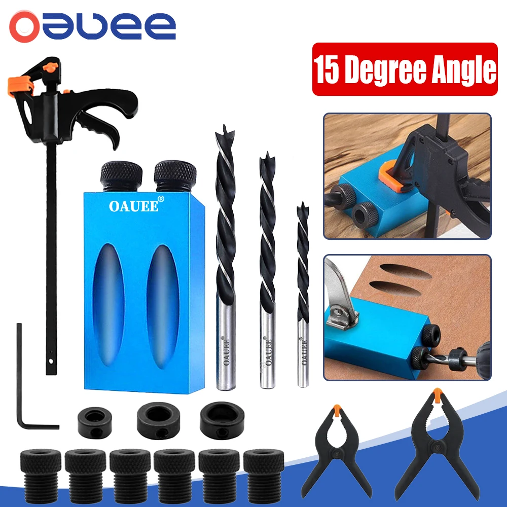 Pocket Hole Screw Jig 15 Degrees Dowel Drill Bits Joinery Jig Kit Carpenters Oblique Hole Locator Guide Joint Angle Locator Tool