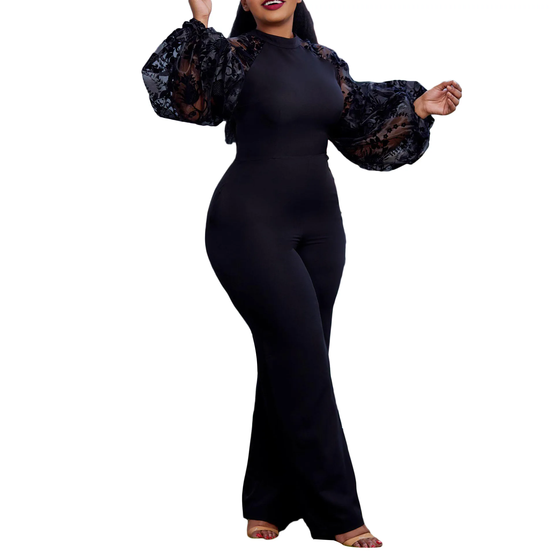 

African Clothes for Women Summer Elegant African Long Sleeve O-neck Black Polyester Long Jumpsuit with Belt African Clothing