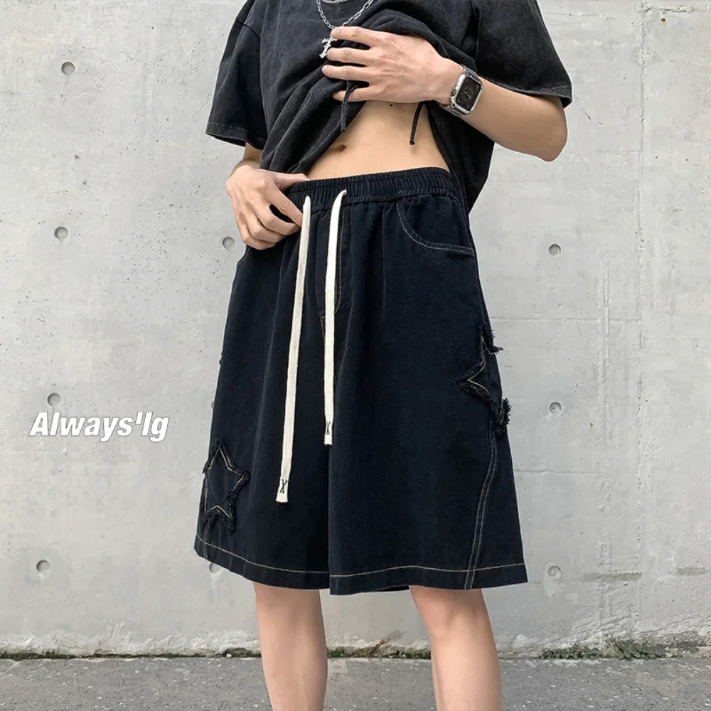 Star Patchwork Shorts for Men Vintage Denim Summer Short Pants All-match High Street Casual Streetwear Harajuku Oversized Shorts men jeans denim pants denim shorts summer jeans shorts