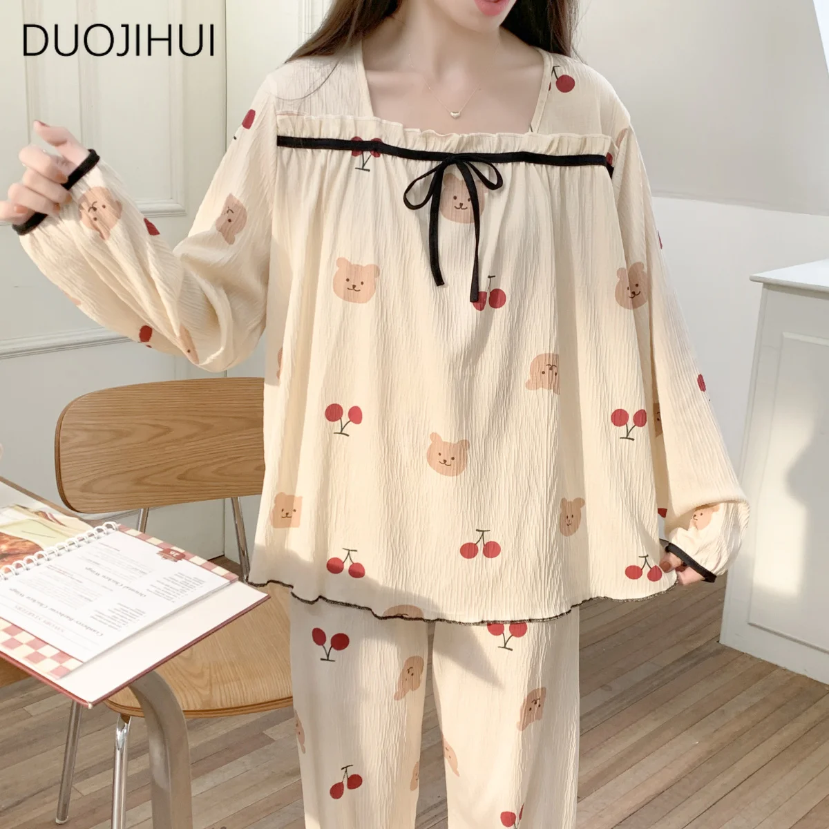 DUOJIHUI Spring Sweet Two Piece Casual Home Pajamas for Women Chic Printing Simple Bow Pullover Fashion Pant Female Pajamas Sets