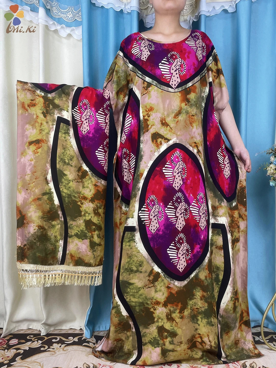 2024 New African Abaya Tie Dye Printed Cotton Loose Women Robe Muslim Dashki Kaftan Dress Dubai Dress Paired with Lace Big Scarf