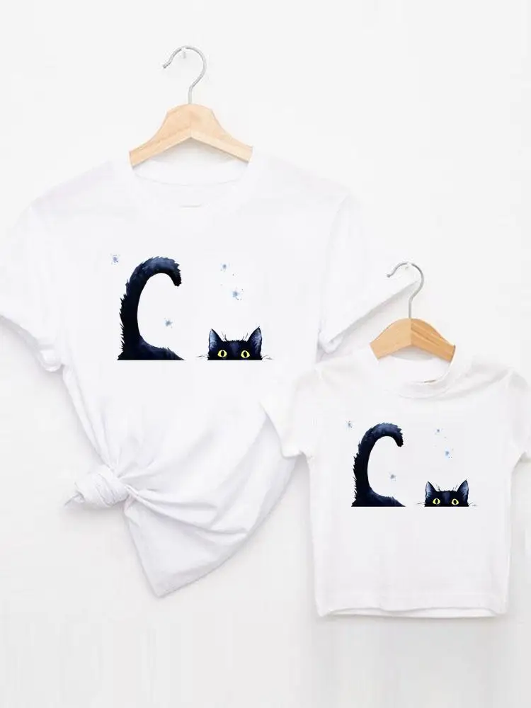 

Футболка женская с круглым вырезом, Семейный комплект одежды, летняя футболка с графическим принтом для детей, родных мам, кошек, акварель, о...