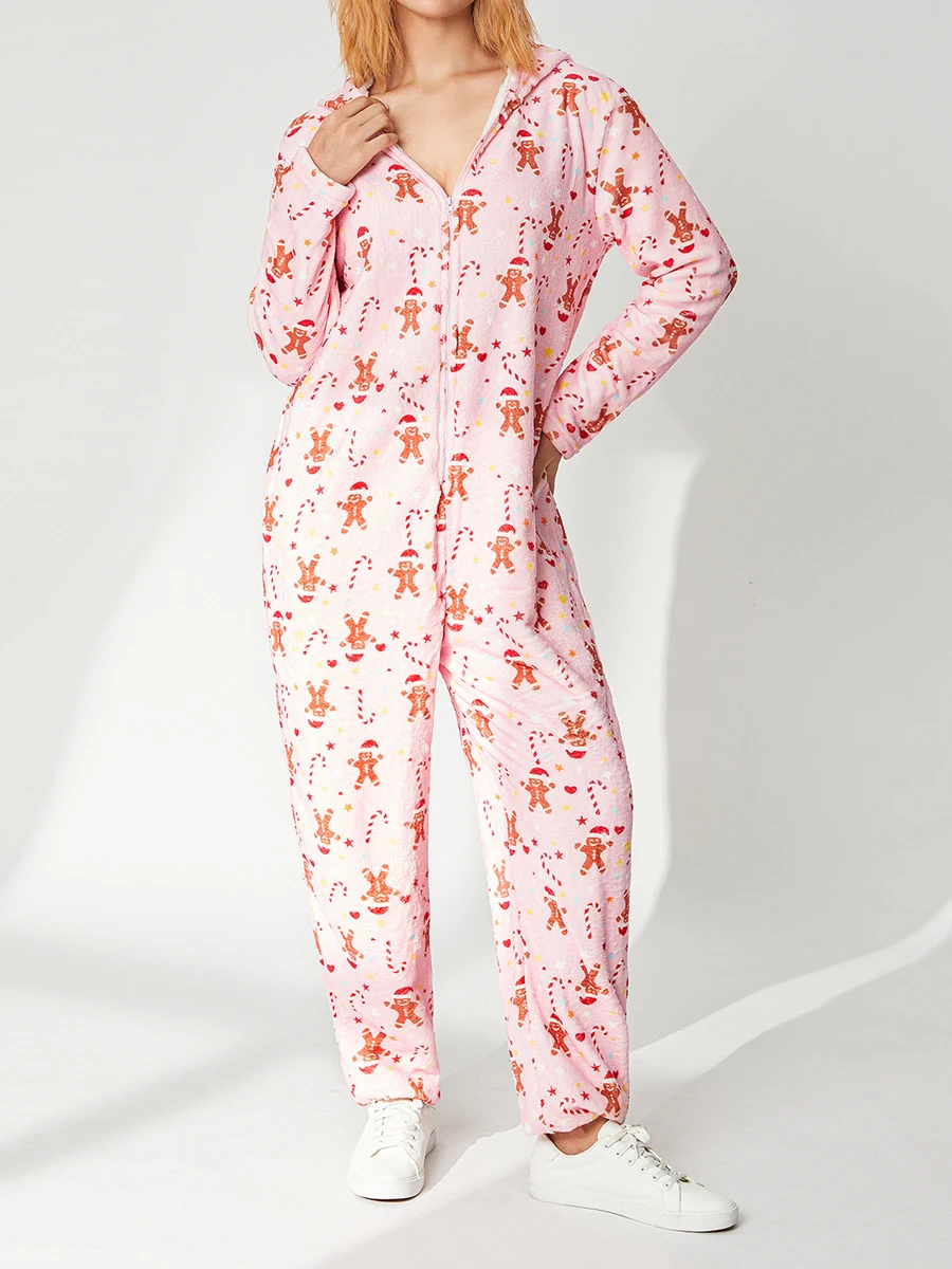 Women Graphic Prints Nightwear Winter Warm Plush Inner Zipper Closure Long Sleeve Hooded Jumpsuit Romper for Fall Loungewear Pjs