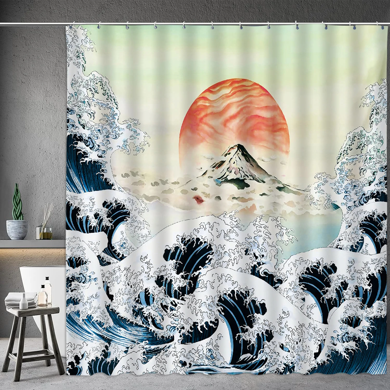 Asian Shower Curtain Japanese Traditional Black and White Mt. Fuji Cherry  Blossom Fish Waves Red Sun Octopus Bathroom Decoration