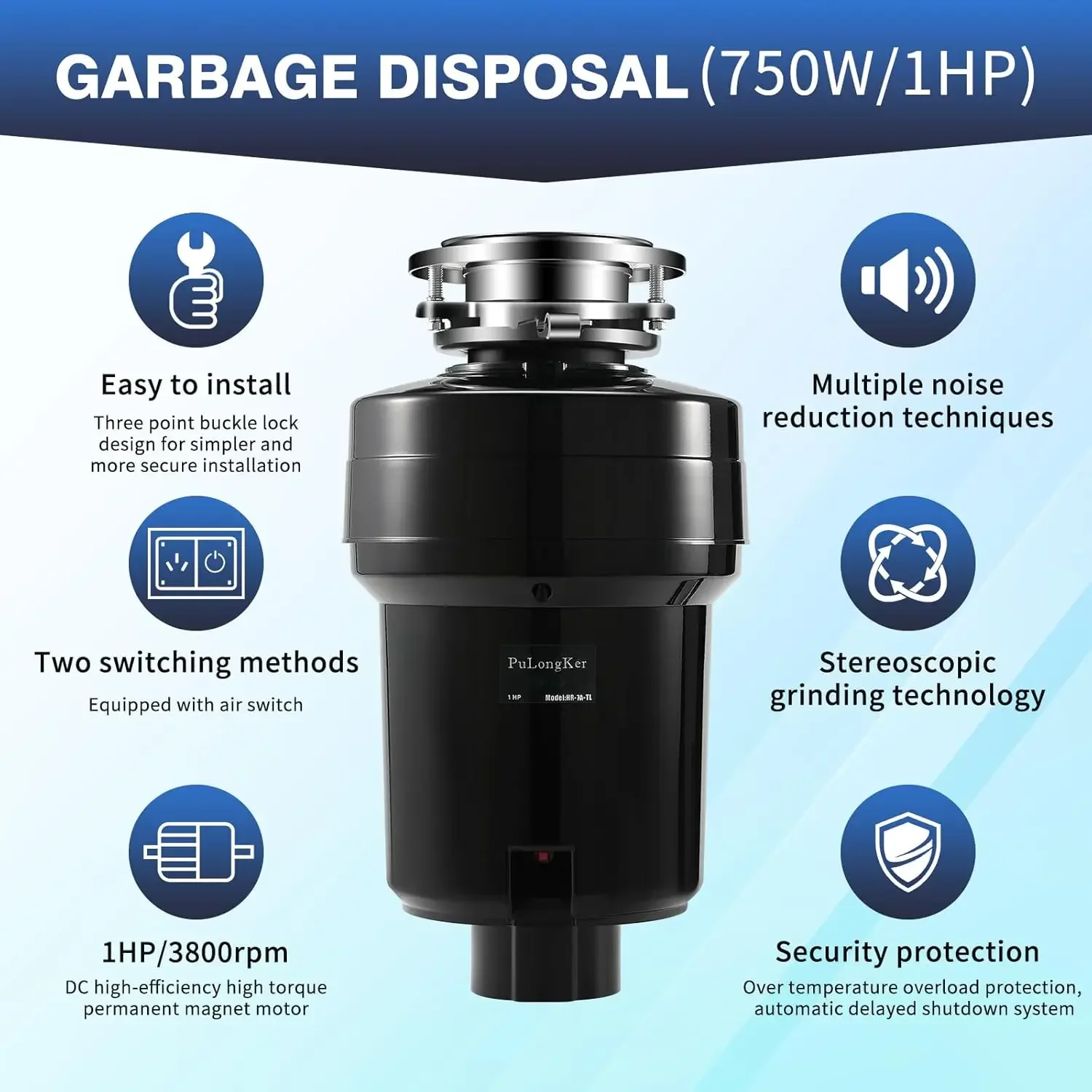 Disposals with Sound Reduction, Continuous Feed Food Waste Disposer for Kitchen Sink, Power Cord Included, Black, HR-7A-TL 6