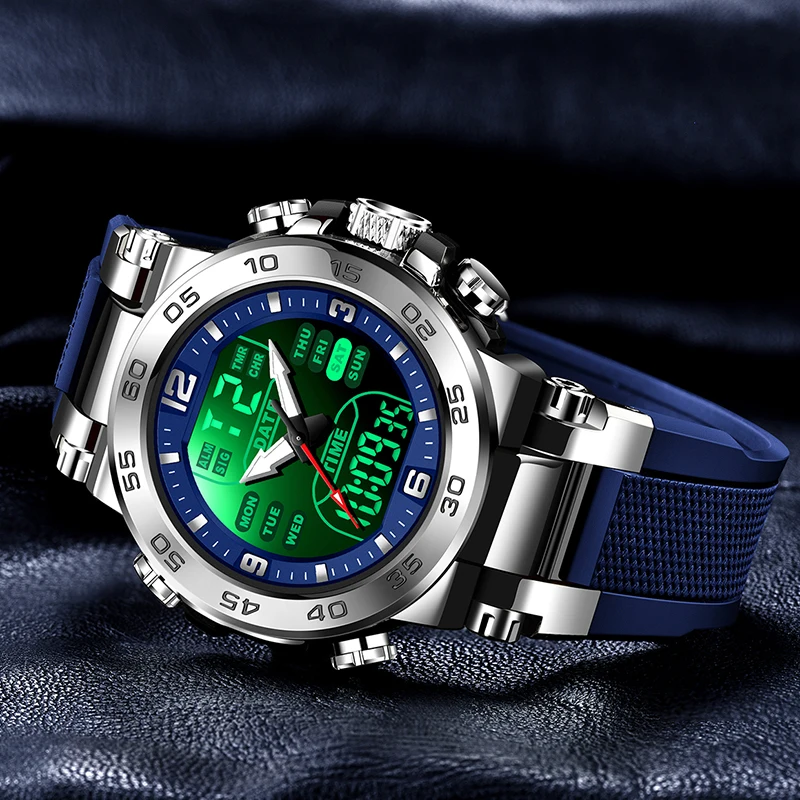 FOXBOX Dual Display Watch Men Silicone Sports Waterproof Men's Quartz Wristwatches FashionLED Backlit Dual Time Watch For Men