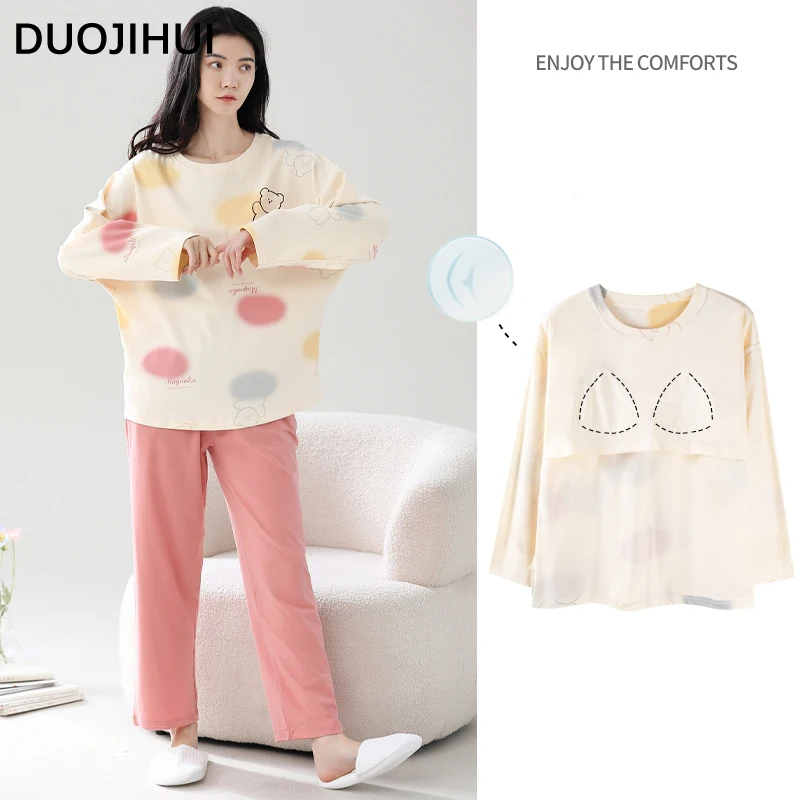 

DUOJIHUI Chicly with Chest Pad Casual Home Pajamas for Women Autumn O-neck Pullover Loose Simple Pant Fashion Female Pajamas Set