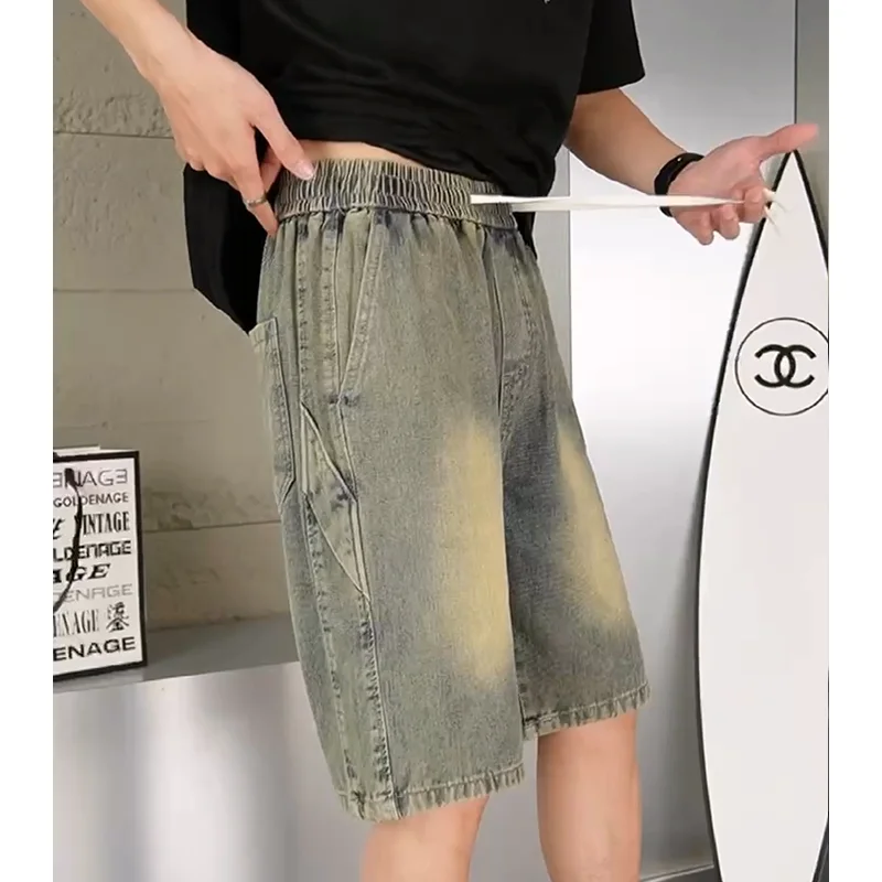 

2024 Summer New Men's Denim Shorts Loose Stitching Straight Leg Jeans Fashionable Wide-leg Elastic Waist Korean Streetwear