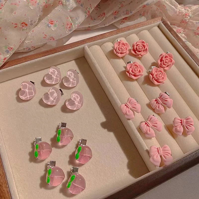 

5Pcs/Set Sweet Small Bows Heart Hair Clips Women Girl Peach Rose Hairpins Headwear Side Bangs Clip Headdress Hair Accessories
