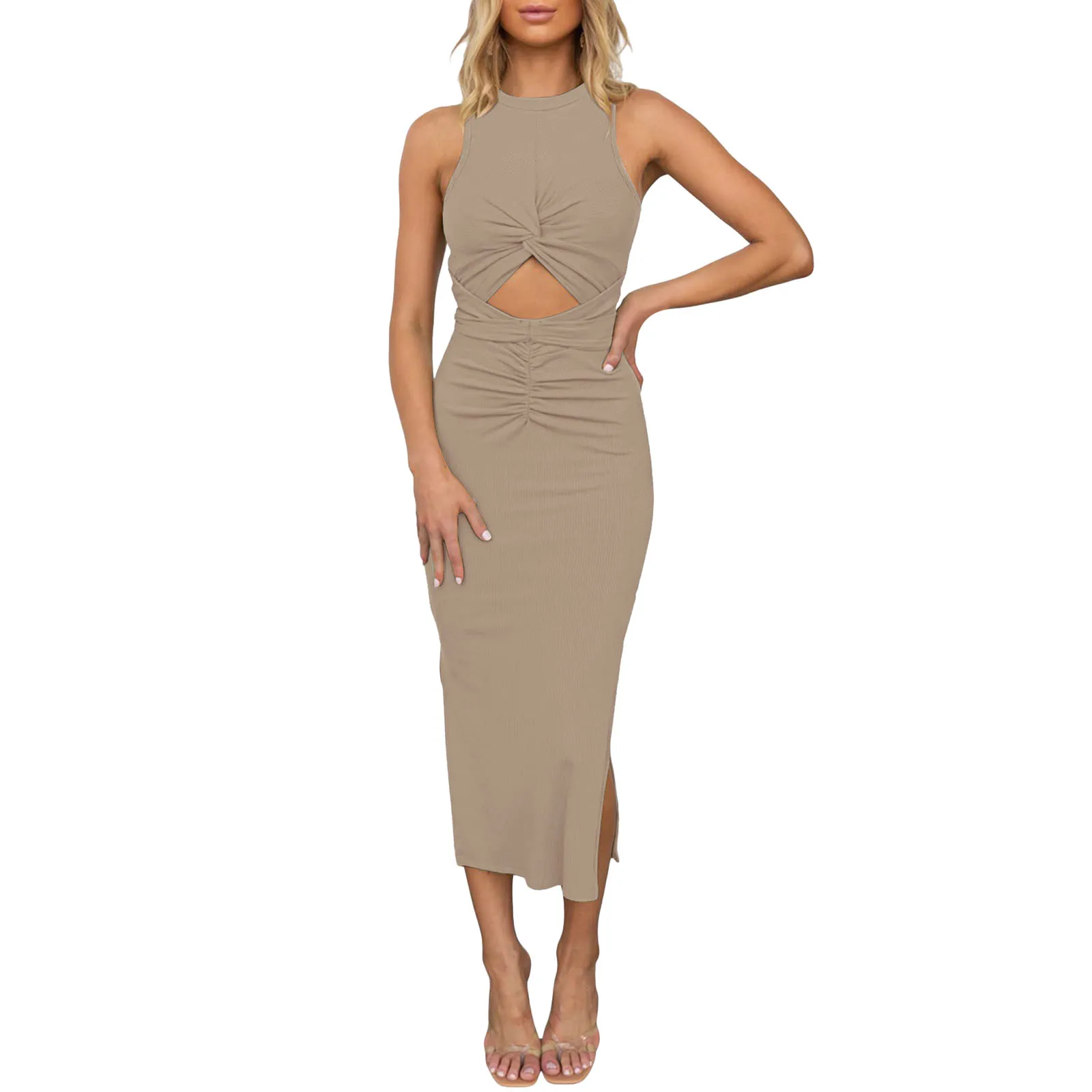 

Sexy Dresses Women'S Clothes Sleeveless Hollow Out Slim Bodycon Crewneck Crisscross Ruched Slit Ribbed Knit Tank Slim Dress