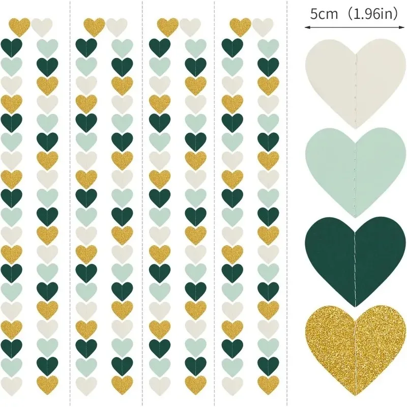 Sage Green Mint Gold Love Heart Garland for Rustic Wedding and Baby Shower Decor