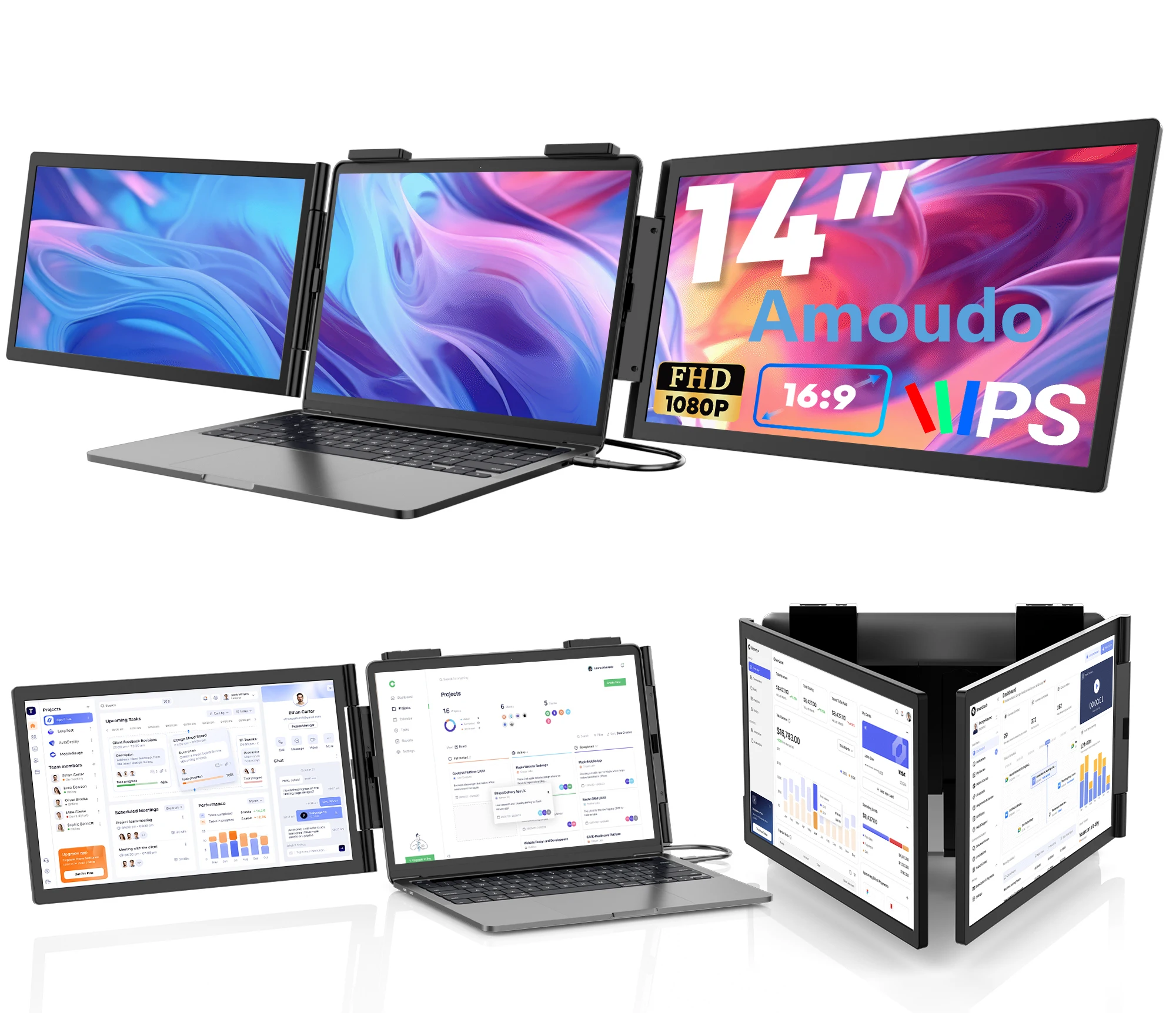 Amoudo14 Polegada monitor portátil duplo 1920*1080p ips monitor triplo portátil com porta USB-C para 14-16.5