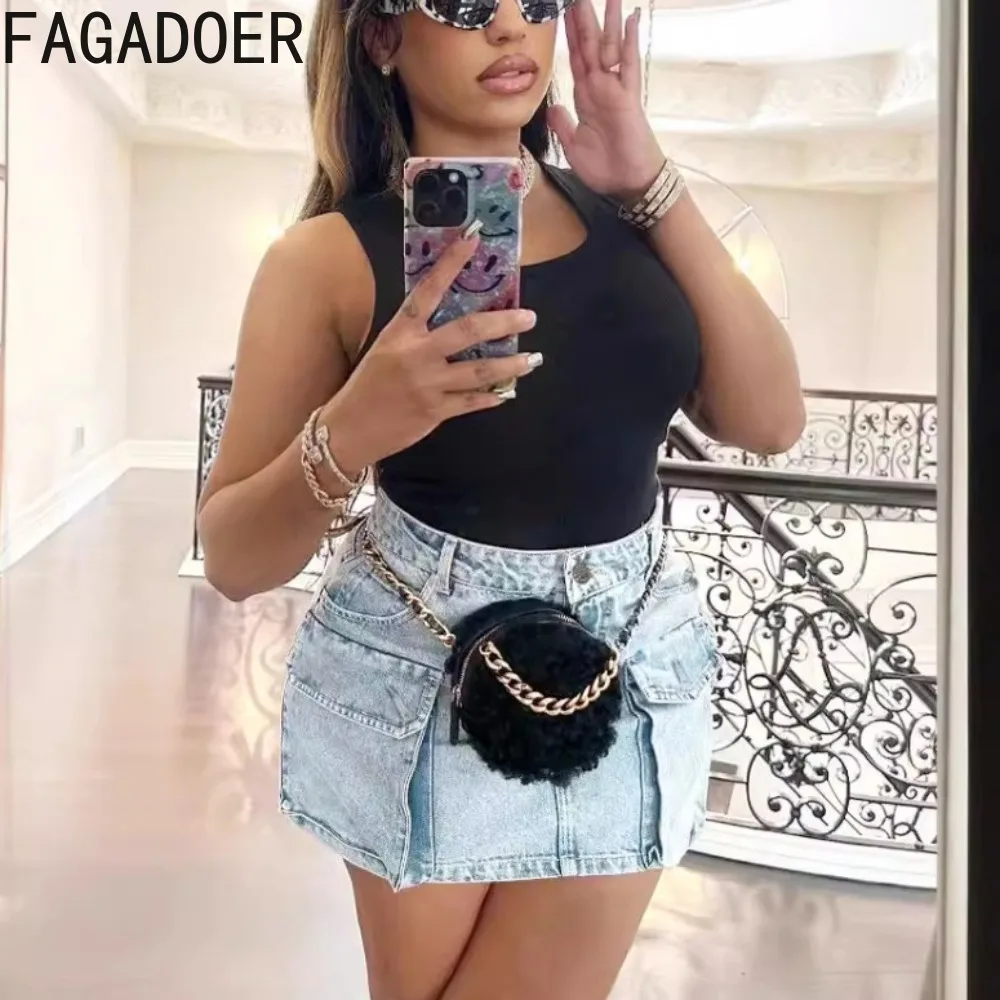 FAGADOER Summer New Solid Color Denim Mini Skirts Women High Waist Button Pocket Cargo Skirt Fashion Female Cowboy Bottoms 2024