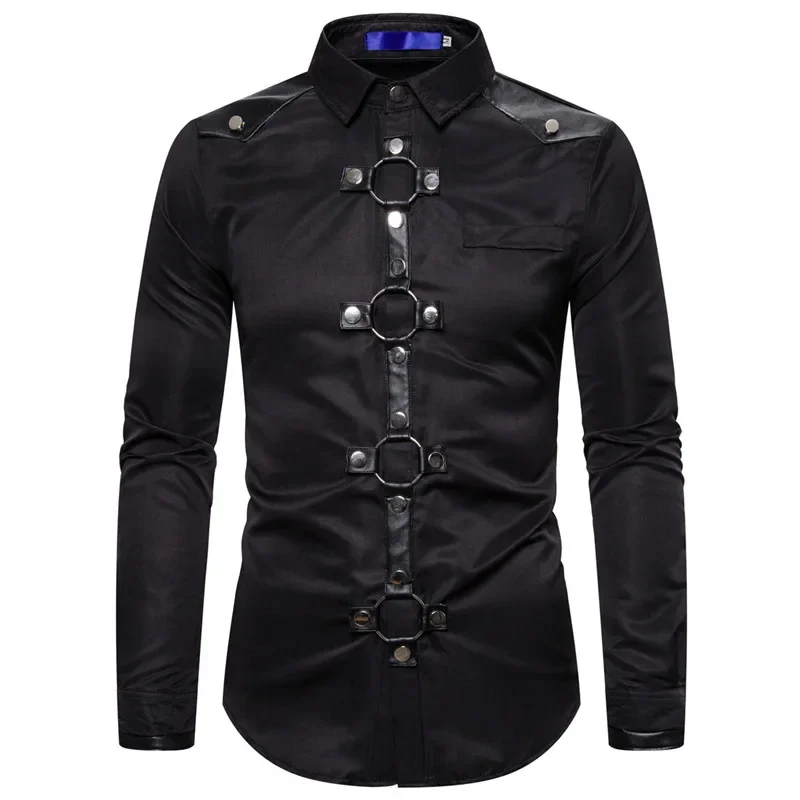 

Fashion Long sleeve Shirt Men New Goth Style Rivet Solid Color Cargo Shirt Slim Fit Party Singer Stage Streetwear