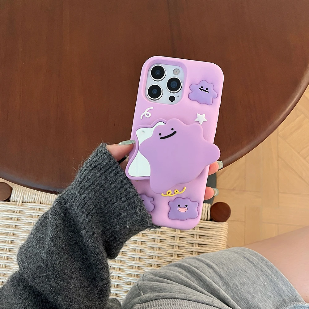 Funny 3D Cartoon Ditto Monsters Bracket Mirror Case For iPhone 17 16 15 14 13 12 Pro Max Soft Silicone Stand Holder Cover 2