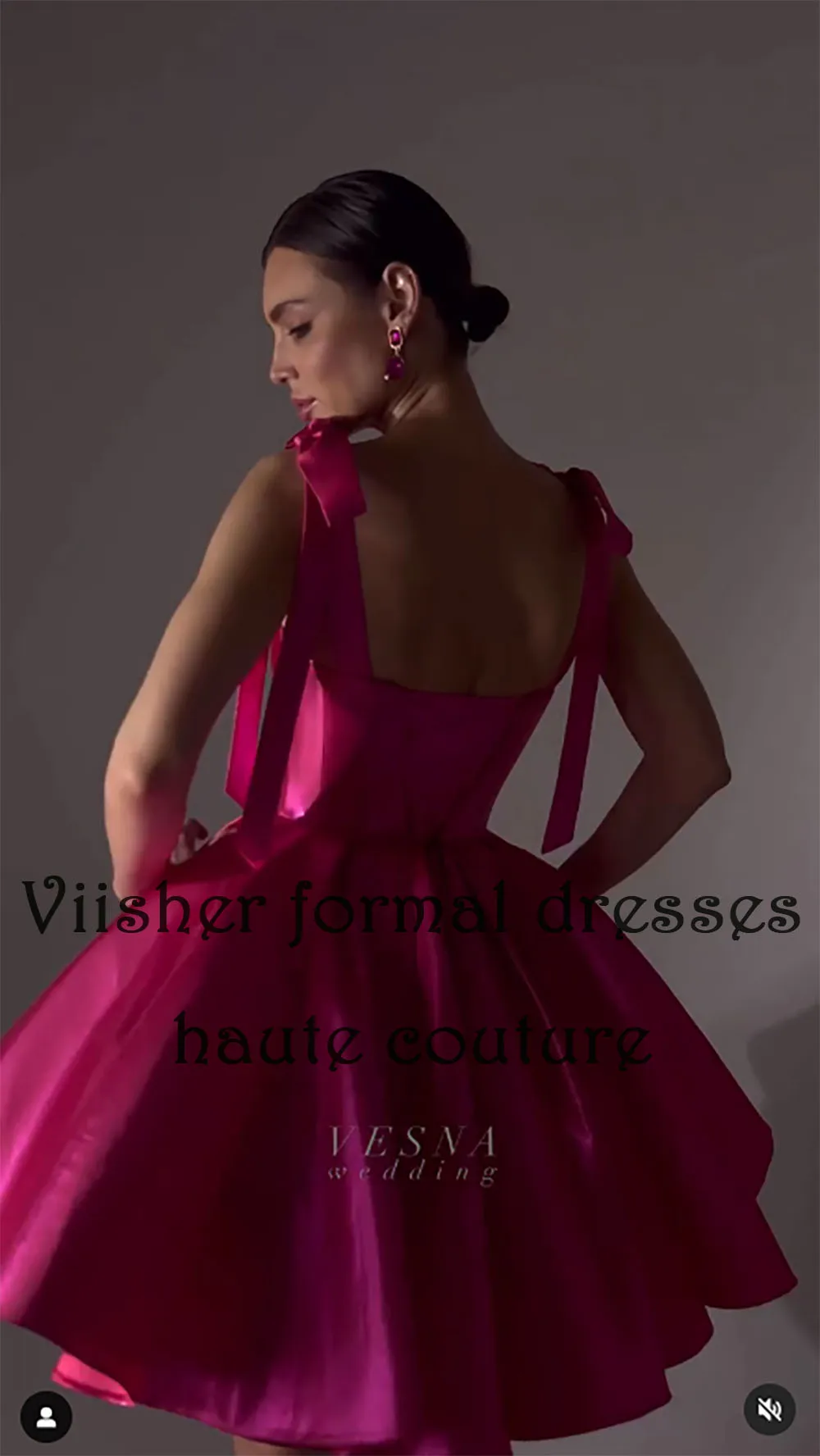 Viisher Hot Pink Sparkly Satin Short Prom Dresses with Bow Strapless A Line Puffy Evening Party Dress Sexy Mini Cocktail Gowns