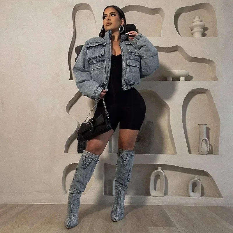 

Denim Parkas Jacket Women Fashion Multi Pockets Stand Collar Long Sleeve Zipper Winter Warm Cargo Style Cotton Padded Jeans Coat