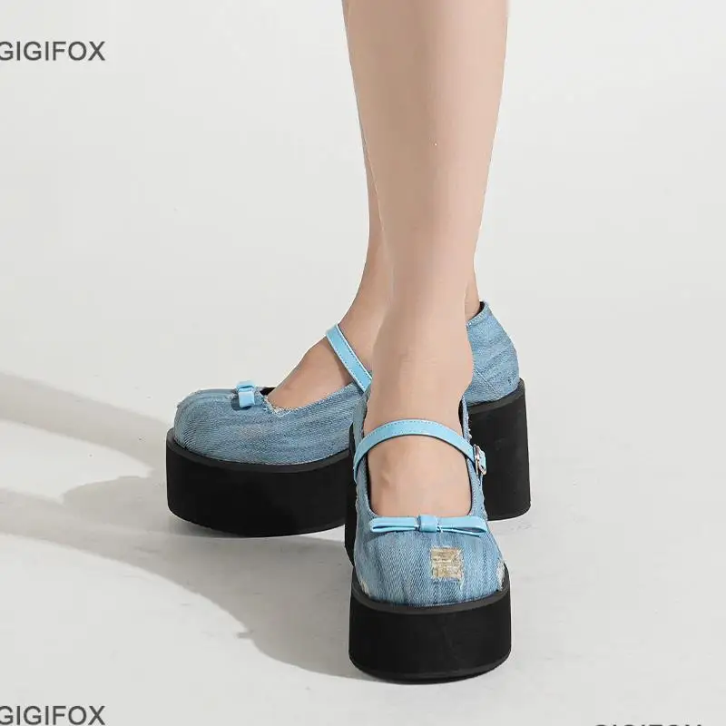 GIGIFOX High Platform Women Mary Jane Pumps Shoes Bow Knot Denim Blue Sweet Cute Mary Janes Shoes Woman School Pumps 2023 Spring