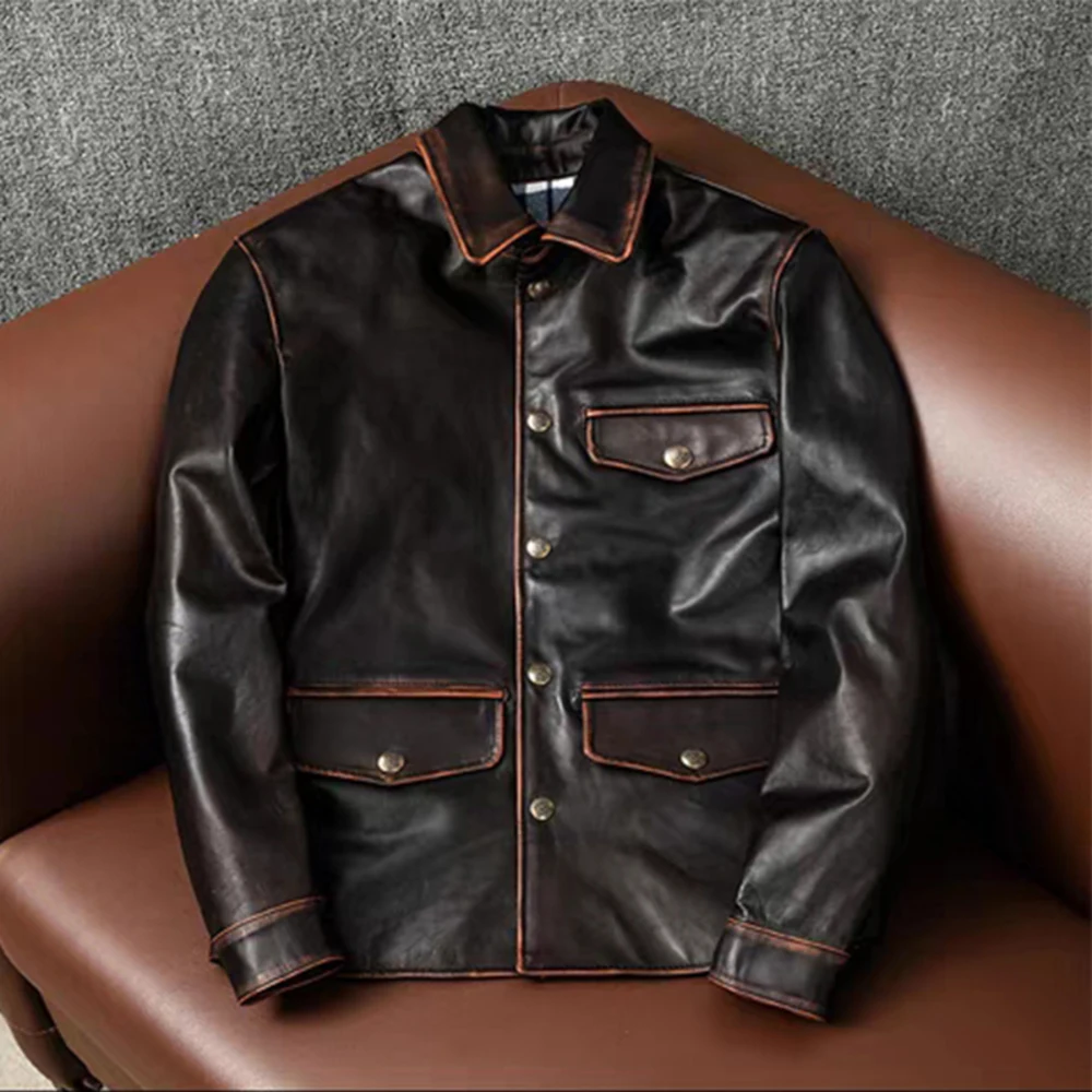 

Top New Layer Tea Core Horse Dispatcher Classic Retro Men's Leather Lapel Button Down Motorcycle Jacket