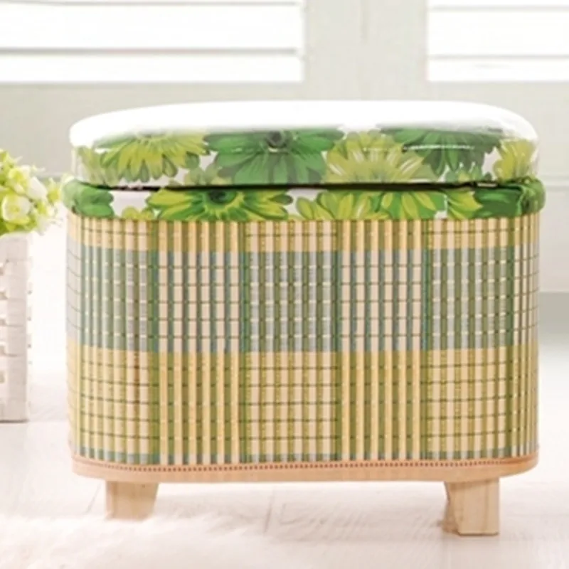 Bamboo Woven Storage Stool and Multi-Functional Wooden Bench