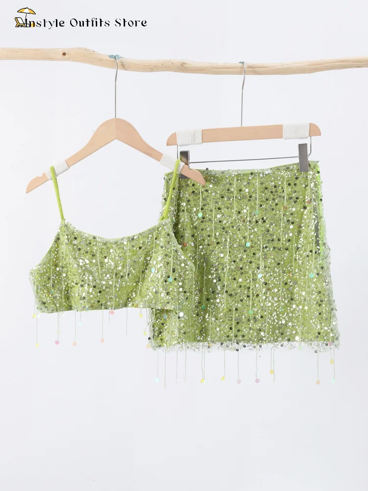 Tassel Mini Skirt Sets Women Slim Sequin Slip Crop Top Backless