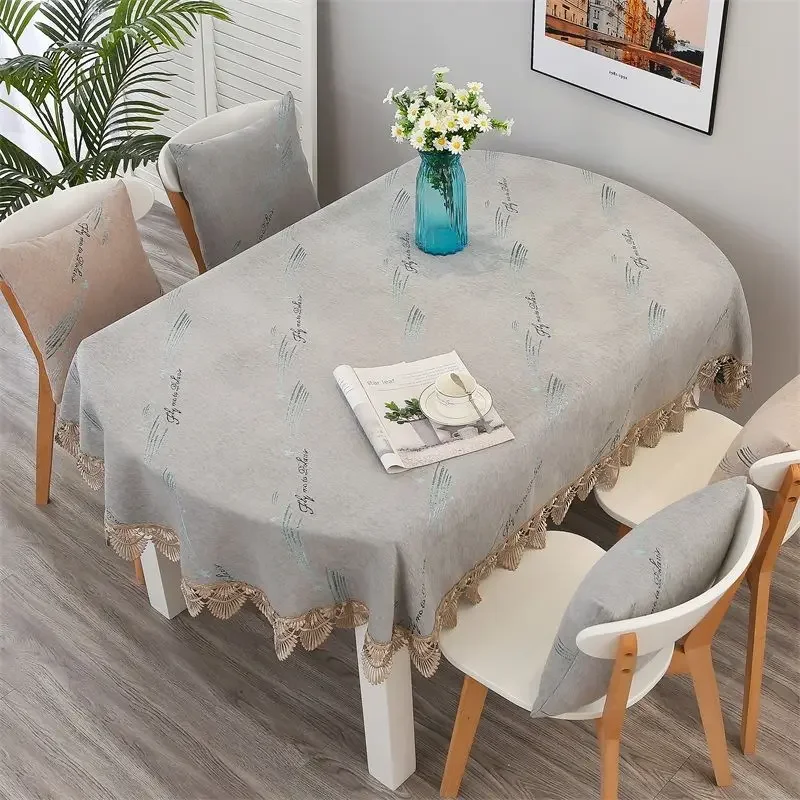 

Oval Tablecloth with Lace Gray Linen Fabric Table Cover Star Printed Cloth Farmhouse Luxury American Style Table Cloth, 180cm