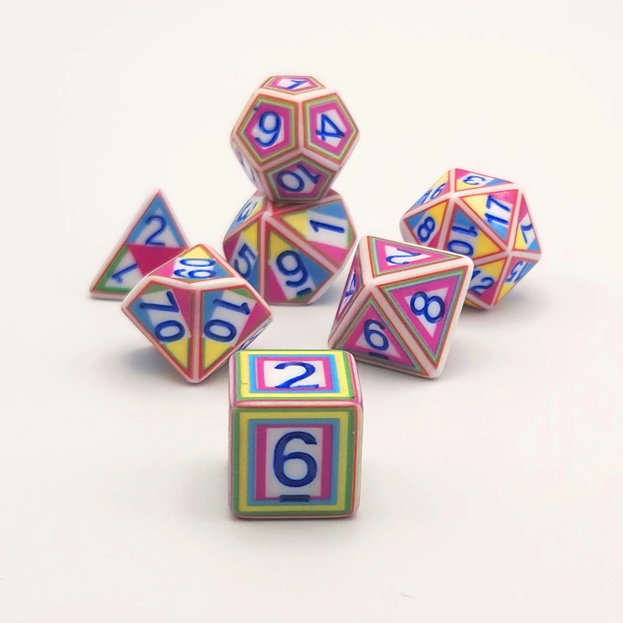 Colorful Geometric Pattern Polyhedral Acrylic Dice Set - 7 Pieces with Gift Box Packaging