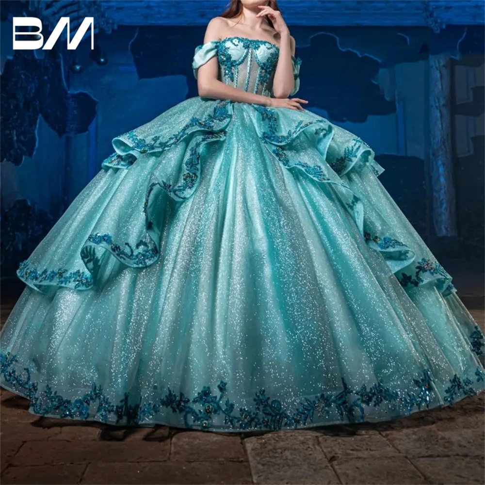 Ice Blue Sparkle Sweet 15 16 Dress Corset Floral Lace Appliques Women Quinceanera Dress Cocktail Dresses Vestidos De Baile