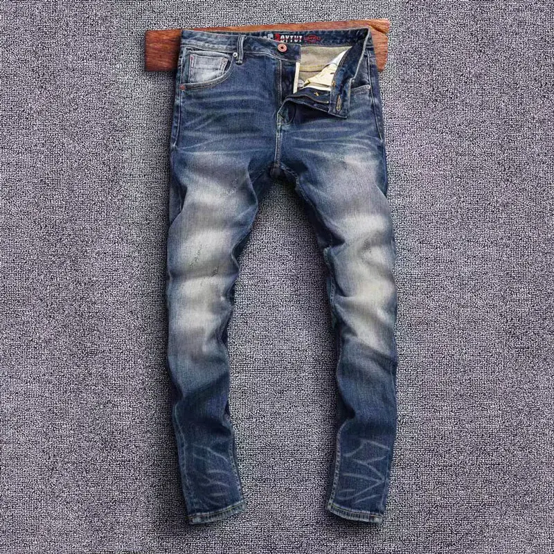 Fashion Vintage Men Jeans High Quality Retro Washed Blue Elastic Slim Fit Ripped Jeans Men Italian Style Designer Denim Pants
