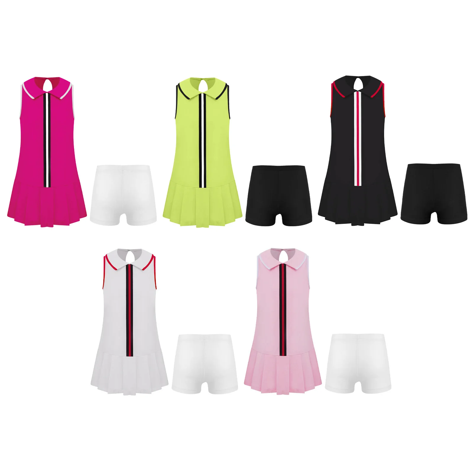 Kids Tennis Dress For Girls Turn-Down Collar Sleeveless Pleated Dresses With Shorts For Sports Cheerleading Badminton Golf Dress