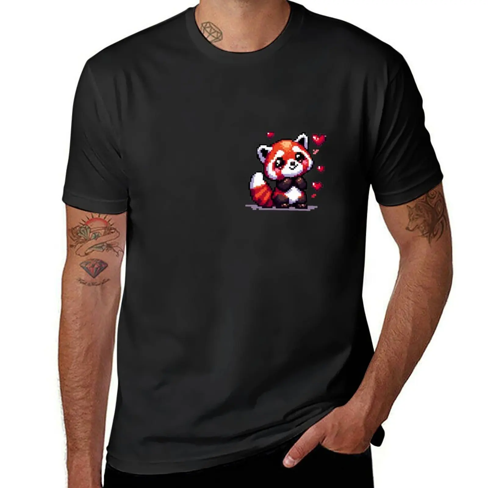 Red panda with hearts, pixelart T-Shirt blacks quick drying mens t shirts casual stylish