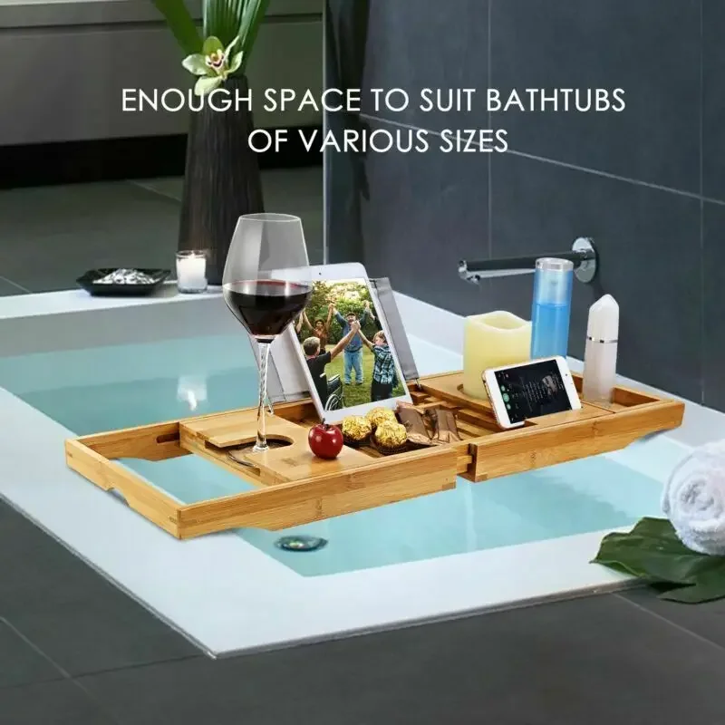 Bathtub Tray Bamboo Bath Tub Rack Bathroom Cloth Tablet Phone Holder Shelf Bamboo Tray Take a Bath Scalable Bathtub Rack