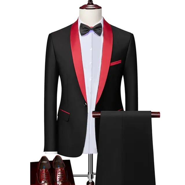 Men Skinny 3 Pieces Set Formal Slim Fit Tuxedo Prom Suit / Male Groom Wedding Blazers High Quality Dress Jacket Coat Pants Vest - 2 Pcs Set Black Red, Asian L is US XS