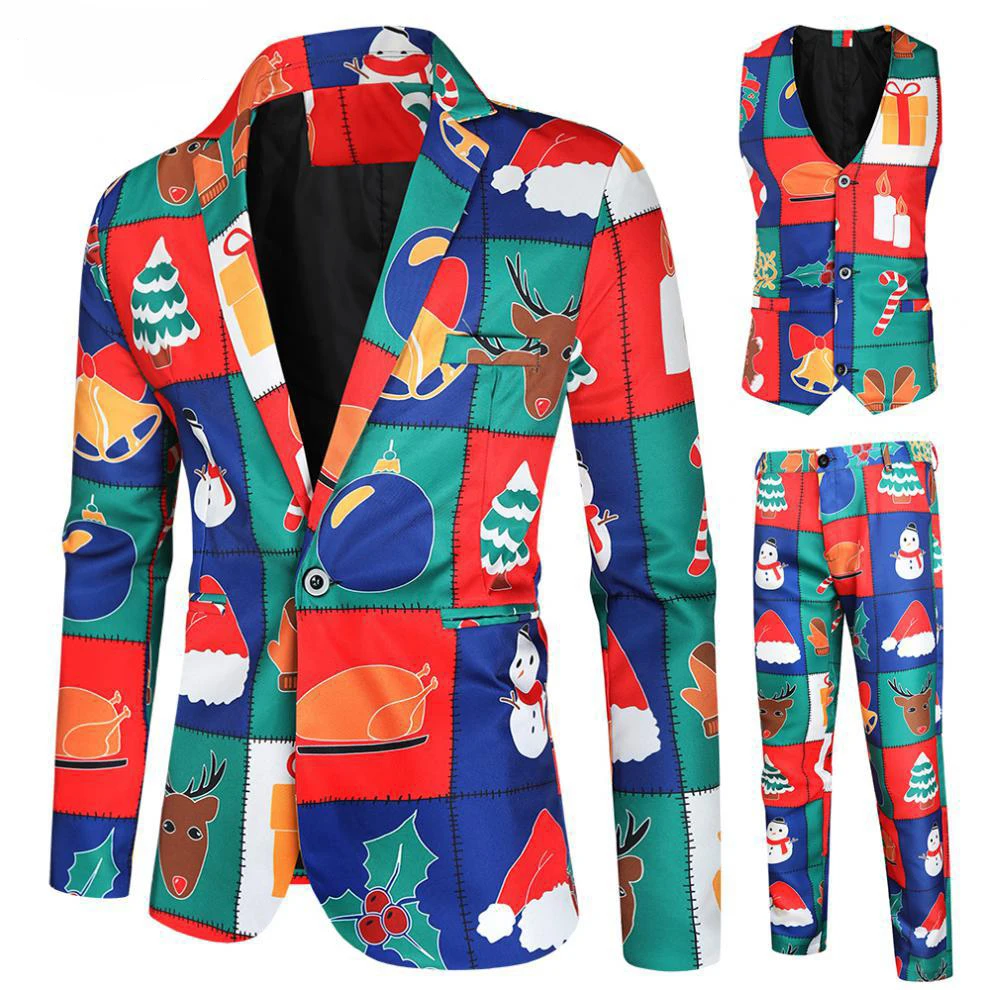 thumbnail image 1 of Trajes de Navidad para hombres, uniforme de 3 piezas, trajes diarios, copo de nieve, muñeco de nieve, árbol, chaqueta con estampado, chaqueta, pantalones, chalecos, conjunto masculino para Navidad, 1 of 5