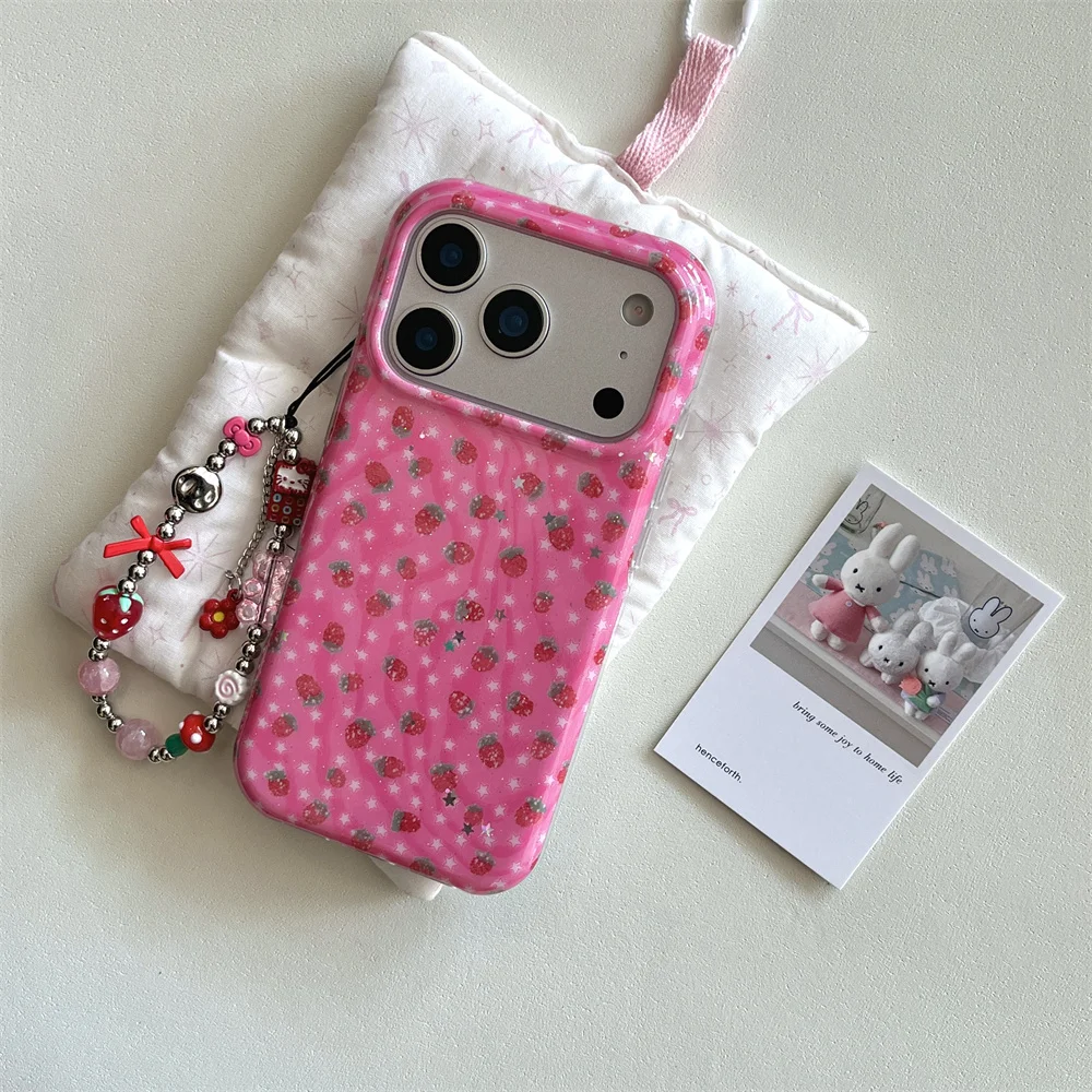 Adorable Strawberry & Star Shockproof Phone Case - Kawaii Design with Hinge Protection