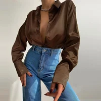 Women 2022 Elegant Satin Solid Long Sleeve Blouses Female Chic Vintage Blue Green Casual Loose Fitting Buttons Down Shirts Tops 4