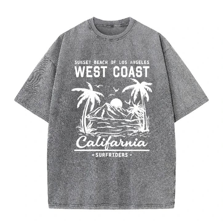 Palm Tree Graphic Slogan Black Round Neck Casual T-shirt