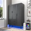 3 Door Armoire Wardrobe Closet Cabinet with Drawers and LED Lights, Multi-Tier Shelves, Hanging Rod & 3 Louver Doors 1