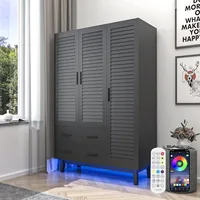 3 Door Armoire Wardrobe Closet Cabinet with Drawers and LED Lights, Multi-Tier Shelves, Hanging Rod & 3 Louver Doors 1