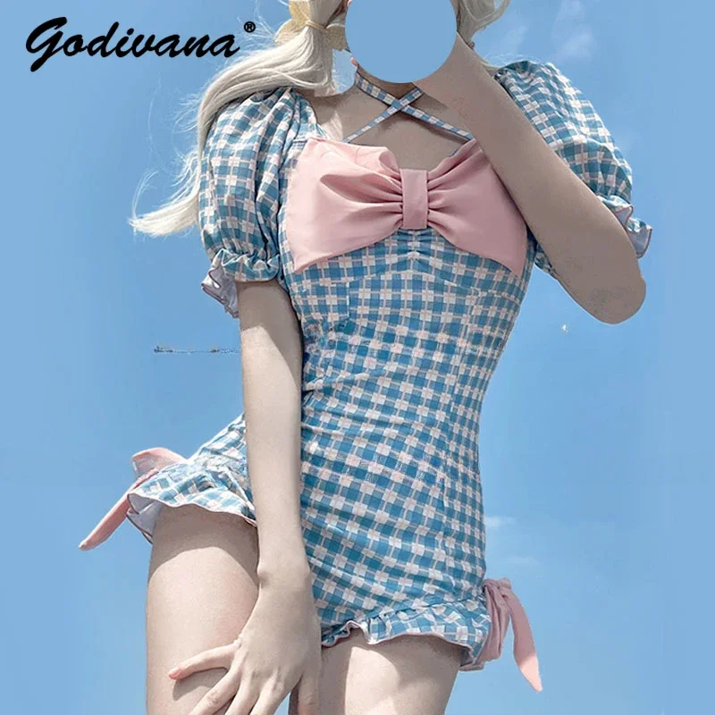 

Blue Plaid Swimsuit 2024 New Japanese-Style Retro Cute Girl Students One-Piece Hot Spring Bathing Suit Womens Lolita Swimwear
