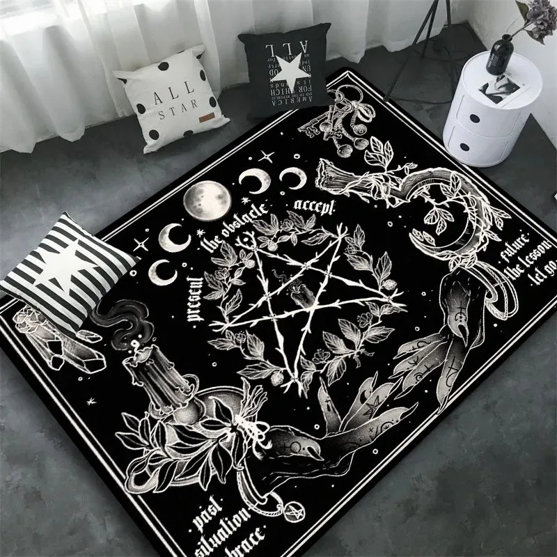 Witchy Gothic Area Rug Black Mystic Decor Pentagram Floor Mat Multiple Sizes