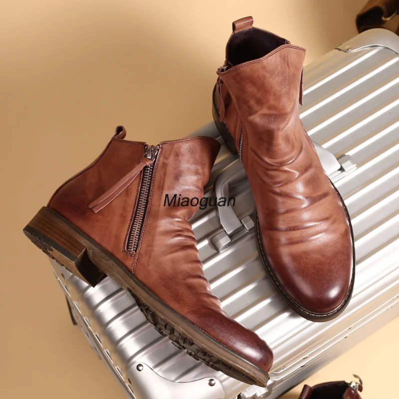 Men's Boots Fashion Chelsea Boots Leather Ankle Double Side Zipper Non-slip Shoes for Men Platform Zapatos De Hombre