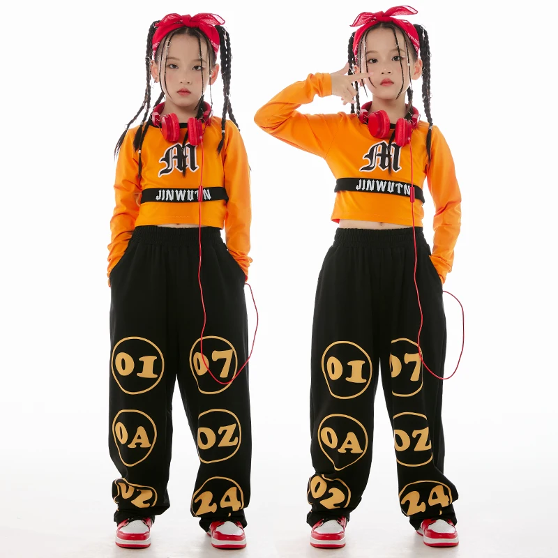 

New Jazz Dance Costumes For Kids Orange Crop Tops Hiphop Pants Suit Children Modern Hip Hop Dance Performance Clothes DN16496