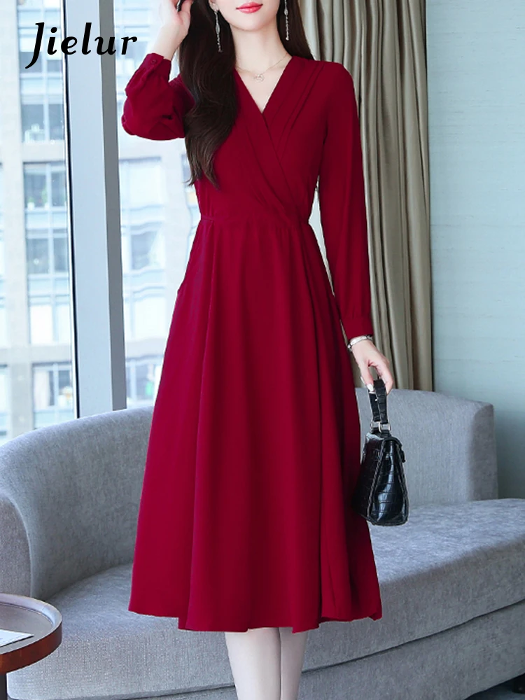 

Jielur Red French Attractive V-neck Fashion Slim Waist Chiffon Female Dresses Solid Color New Autumn Chicly Pockets Women Dress