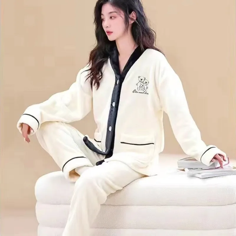 2024 New Autumn Winter Thick Coral Fleece Pajamas Women's Set Loungewear Plus-plus-size Cute Flannel Long-sleeved Sleepwear