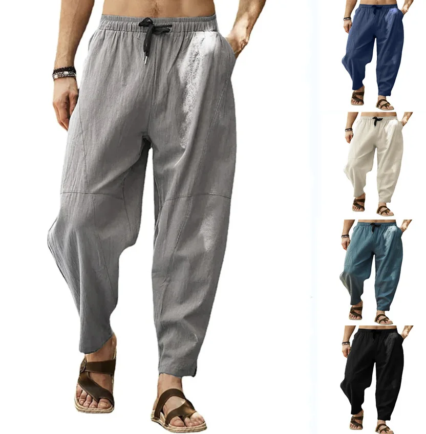 Casual Grey Drawstring Patchwork Cotton Pants Summer main image 0