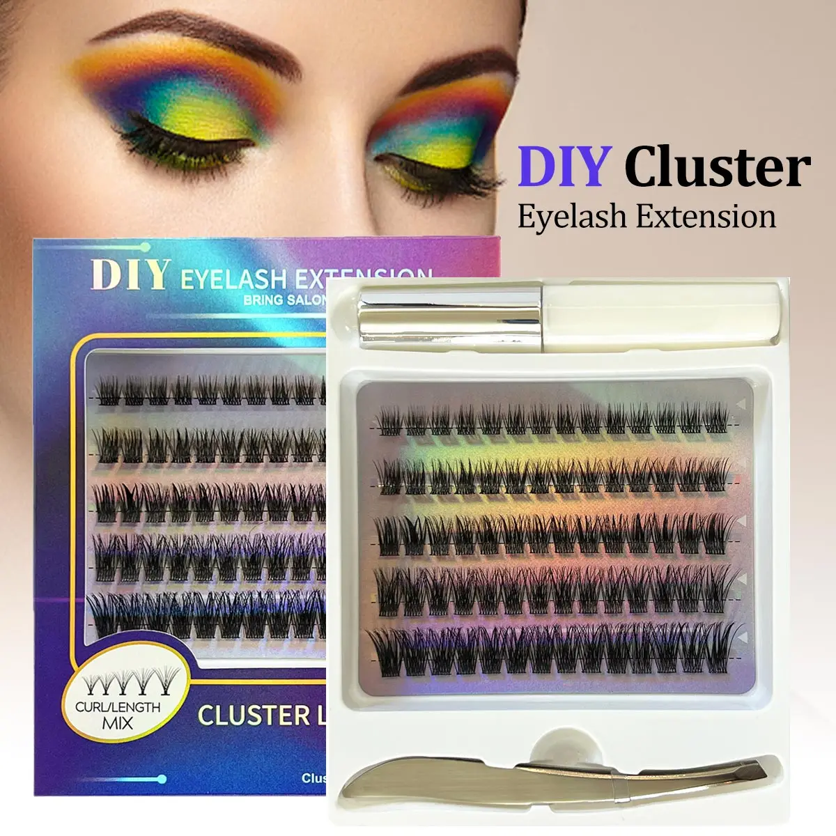 

Mix Length Cluster Eyelash Glue and Tweezer Heat Bonded Extension Lashes Individual Makeup Natural Wispy DIY Premade Fan Set