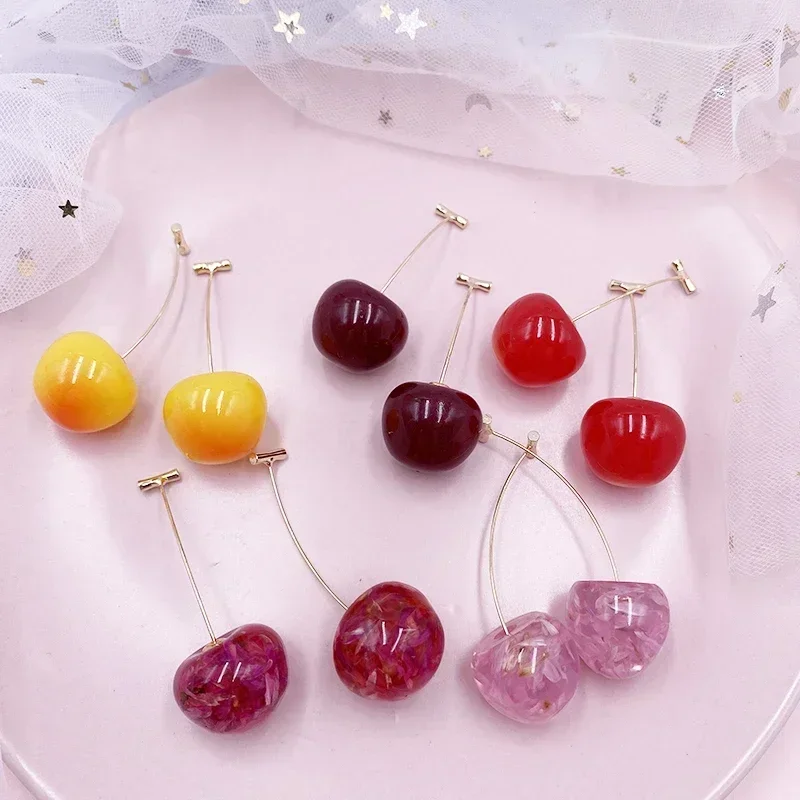 Dangle Earrings Cherry Earrings Drop Earrings Golden Earrings Korea Japan Sweet Clear Resin Red Cherry Gold Color Alloy Separated Drop Dangle Earrings For Women Girls Party Jewelry