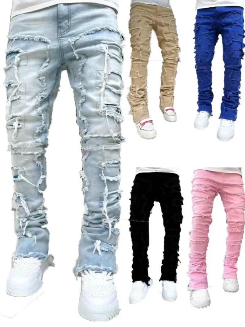 

European and American street fashion ins hot style elastic patch denim straight-leg pants new men's fashion retro denim trousers