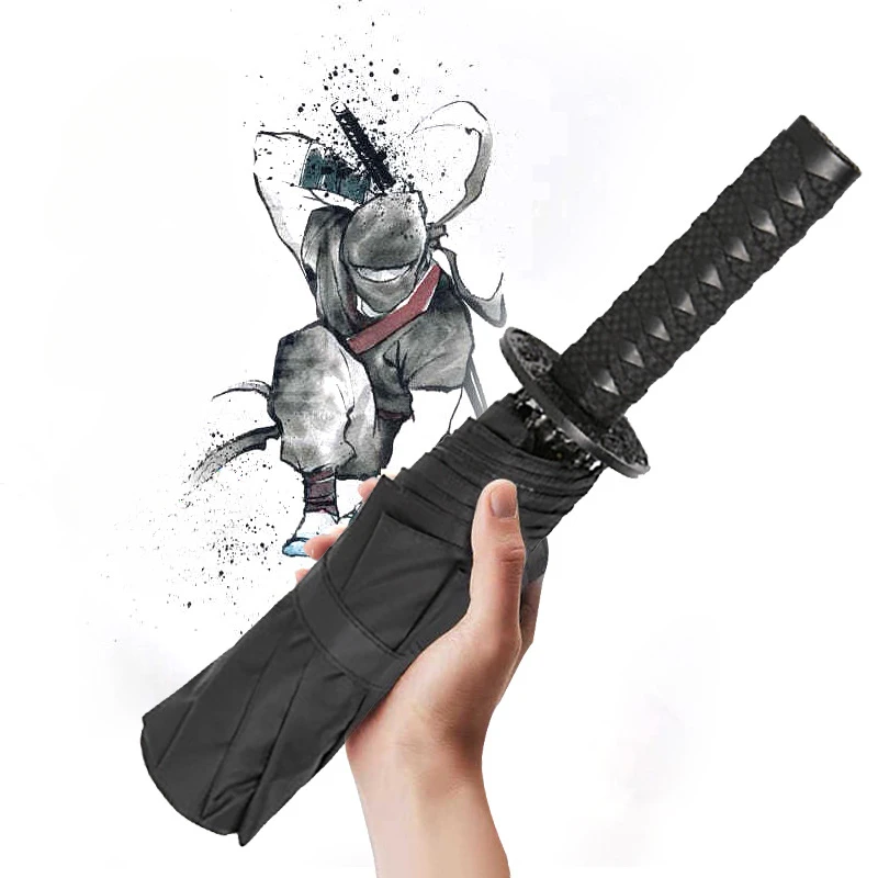 Samurai Sword Umbrella 3 Folding Creative Woman Men Windproof Portable Japanese Katana Knife Cosplay Parasol Business Gifts